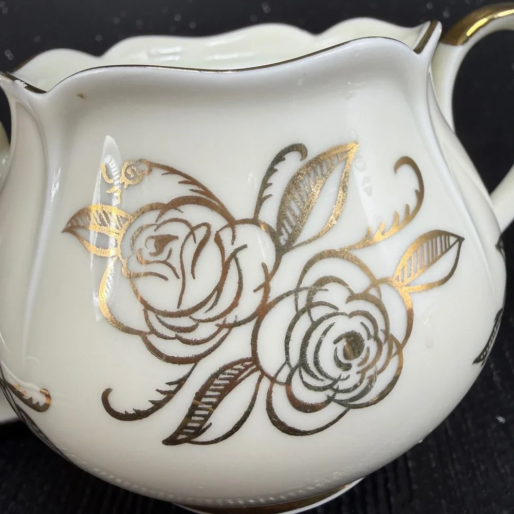 Bavaria Porcelain Sugar Bowl and Creamer Set Gold Rose Gilded Cream Vintage
